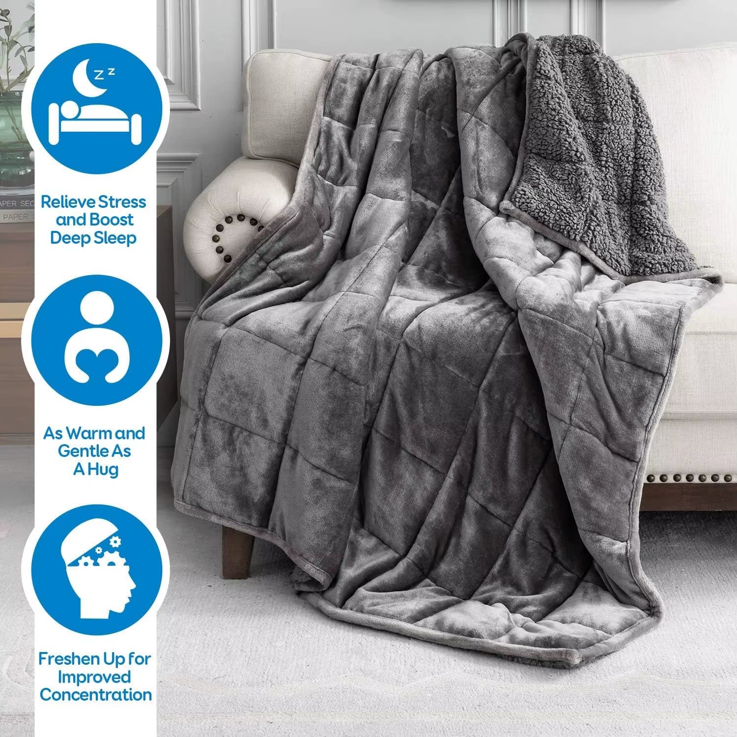 Weighted Blanket 15 Lbs Queen Size 60X80 Inches, Flannel Shaggy Sherpa Weighted Blanket for Adults Comfortable Weighted Blankets
