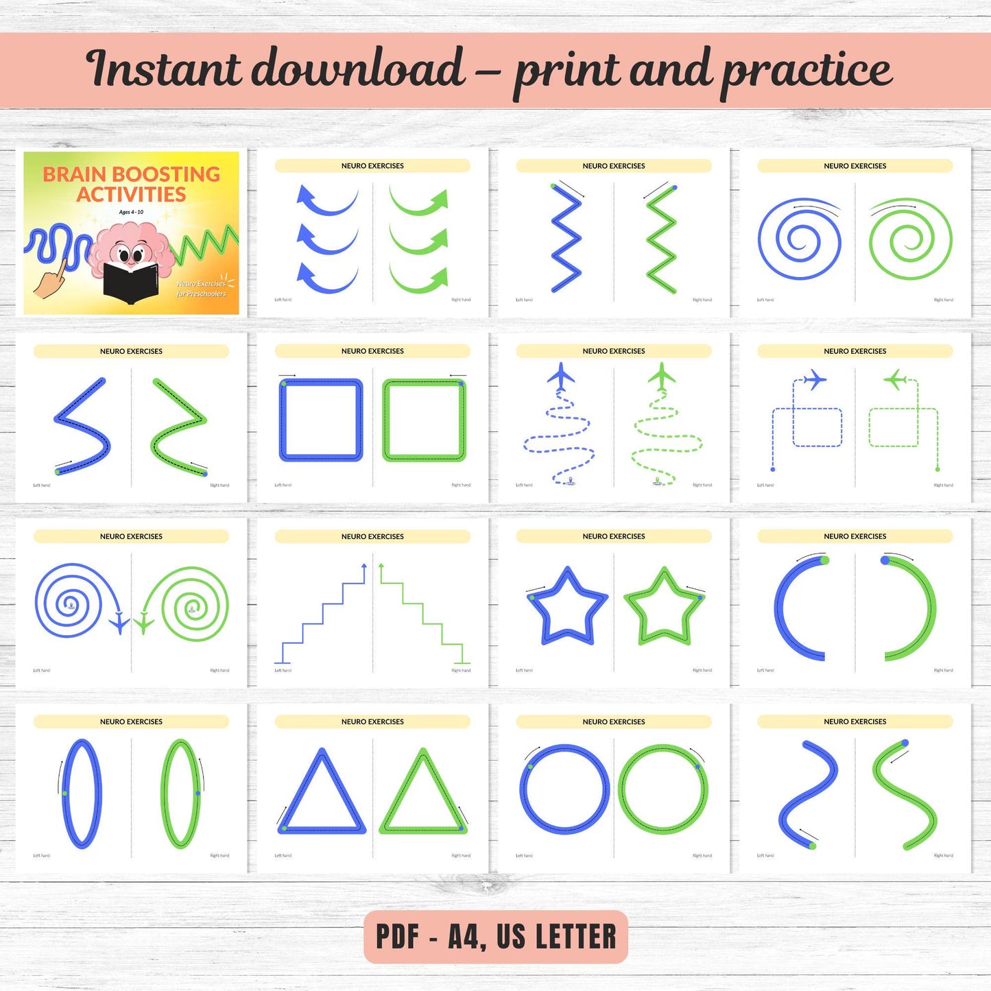 Dual Hand Tracing Worksheets PDF | 90 Brain Gym Pages for Kids | Fine Motor Skills & Focus Activities | Hand-Eye Coordination Exercise